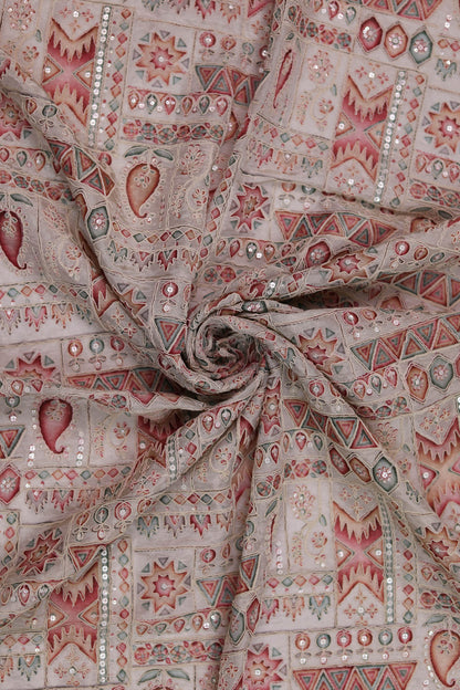 White Heritage Mosaic Embroidered Patchwork Fabric