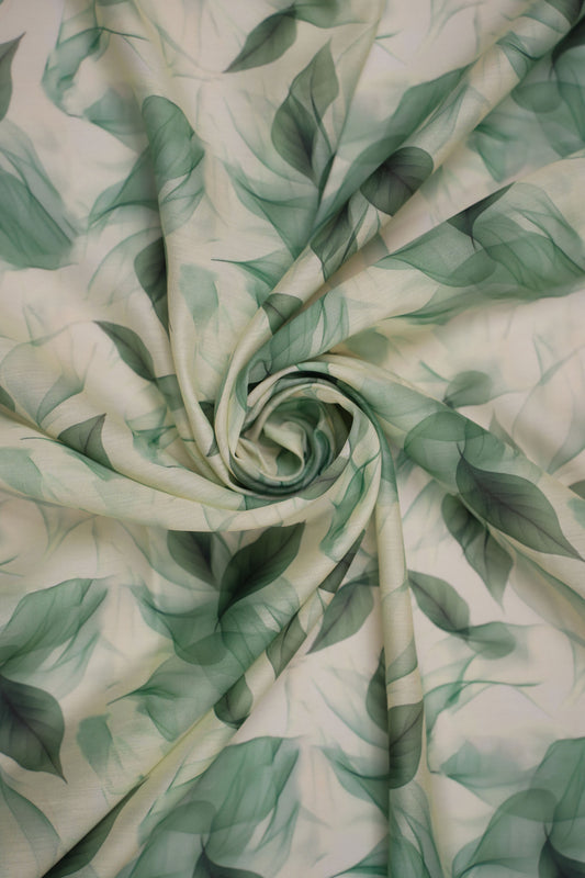 Mint Whisper Leaf Print Chanderi Fabric