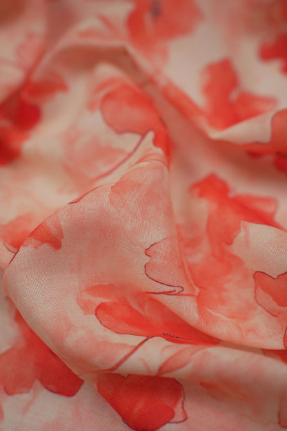 Coral Bloom Floral Linen Fabric