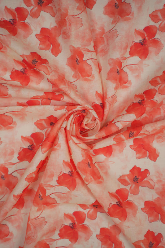 Coral Bloom Floral Linen Fabric