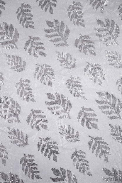 Silver Leaf Shimmer Botanical Sequin Viscose Georgette Fabric