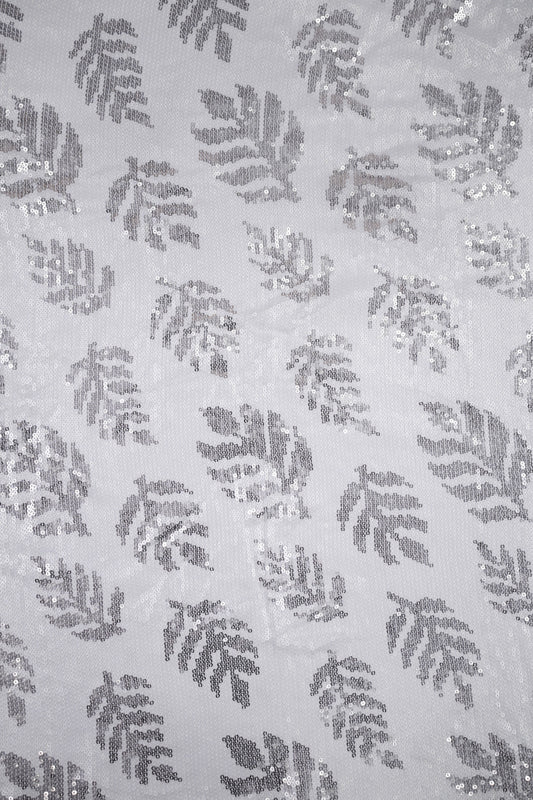 Silver Leaf Shimmer Botanical Sequin Viscose Georgette Fabric