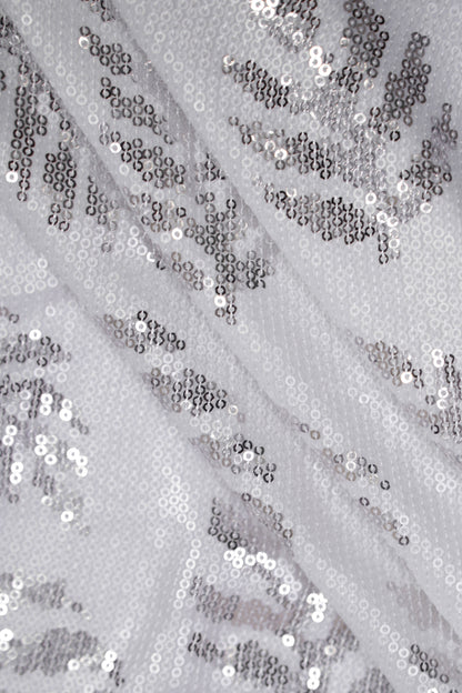 Silver Leaf Shimmer Botanical Sequin Viscose Georgette Fabric