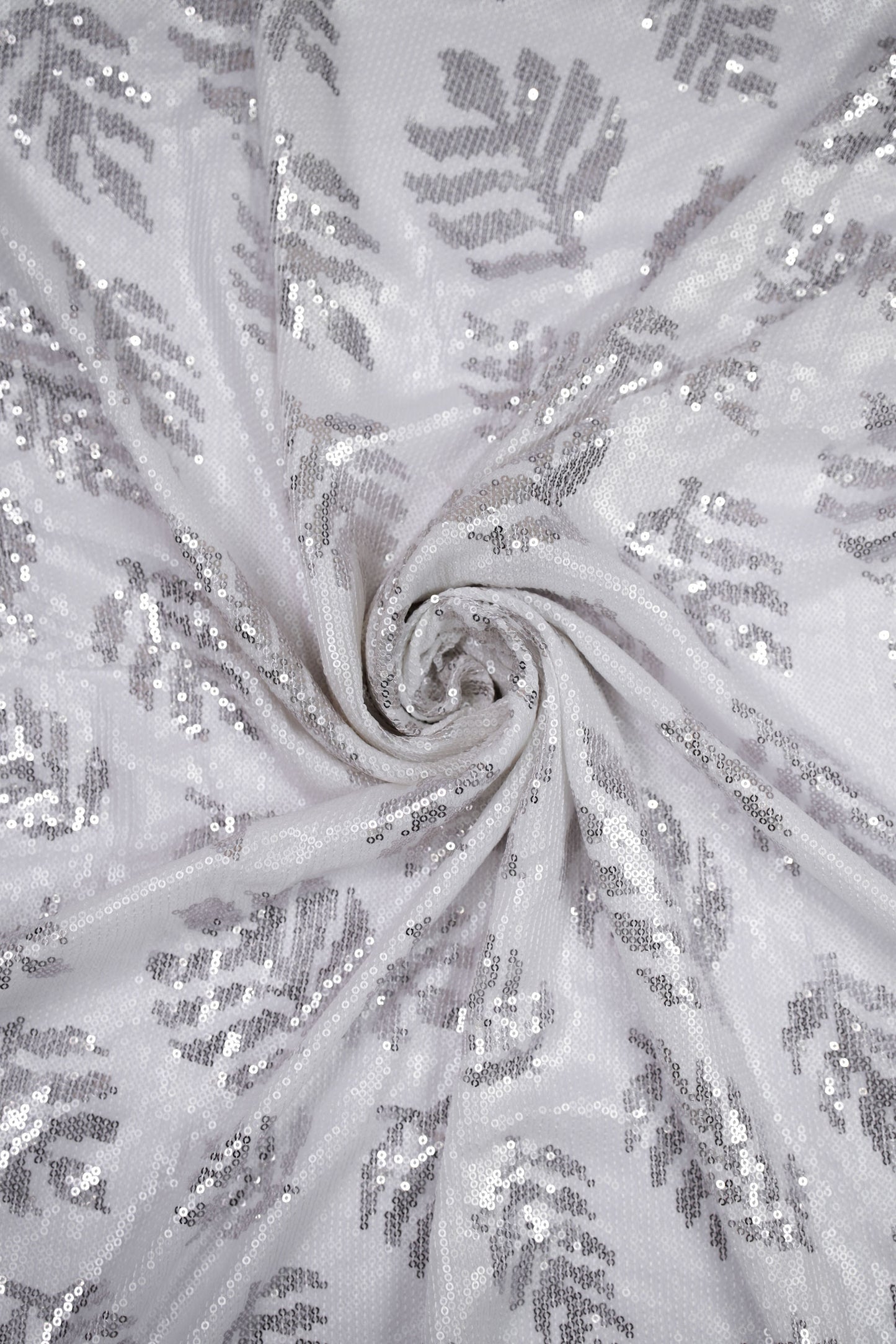 Silver Leaf Shimmer Botanical Sequin Viscose Georgette Fabric