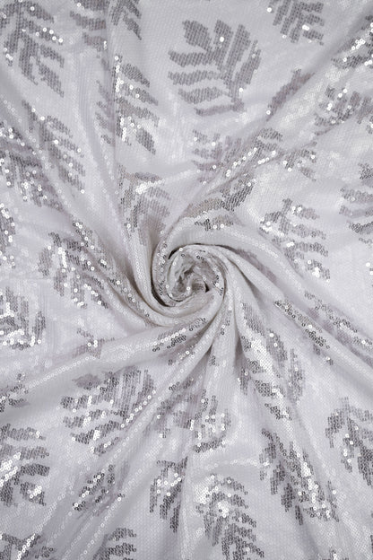 Silver Leaf Shimmer Botanical Sequin Viscose Georgette Fabric