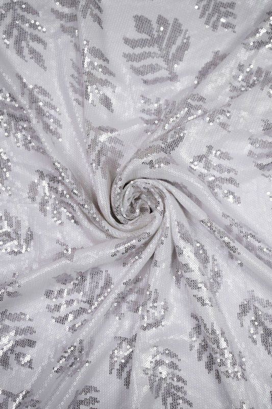 Silver Leaf Shimmer Botanical Sequin Viscose Georgette Fabric