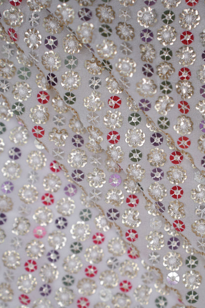 Regal Bloom Stripes Multicolour Floral Sequin Viscose Georgette Fabric