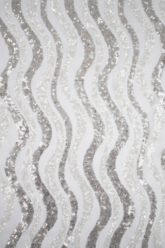 Silver Wave Symphony Sequin Striped Viscose Georgette Fabric
