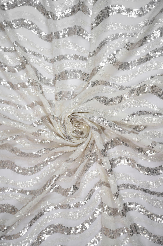 Silver Wave Symphony Sequin Striped Viscose Georgette Fabric