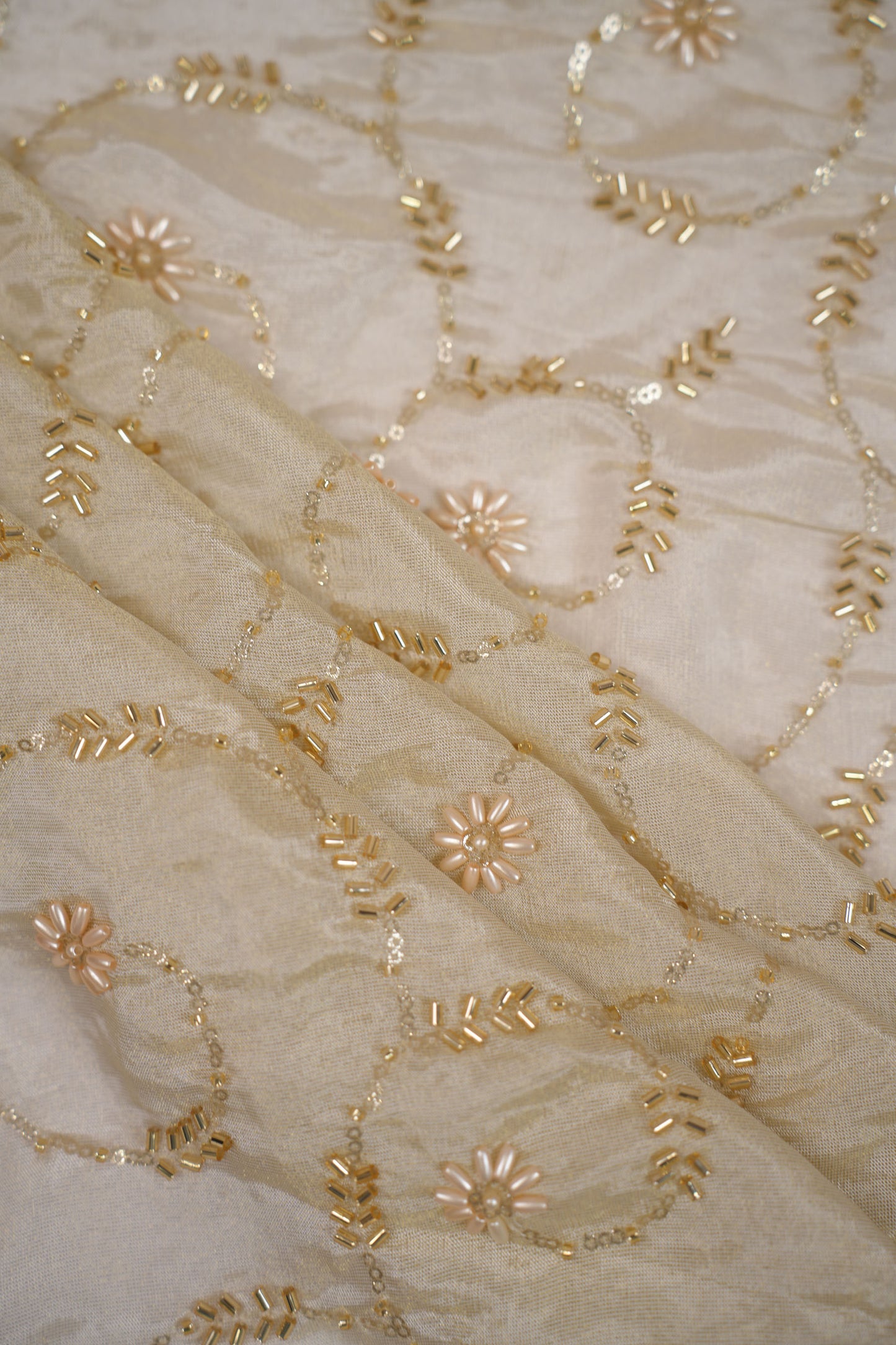 Majestic Bloom Weave Pearl Embroidered Tissue Fabric