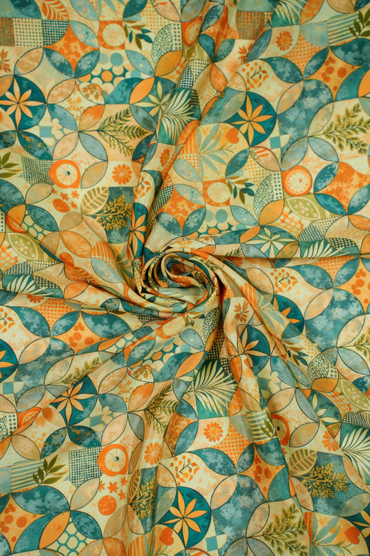 GeoFlora Harmony Muslin Geometric Floral Printed Fabric