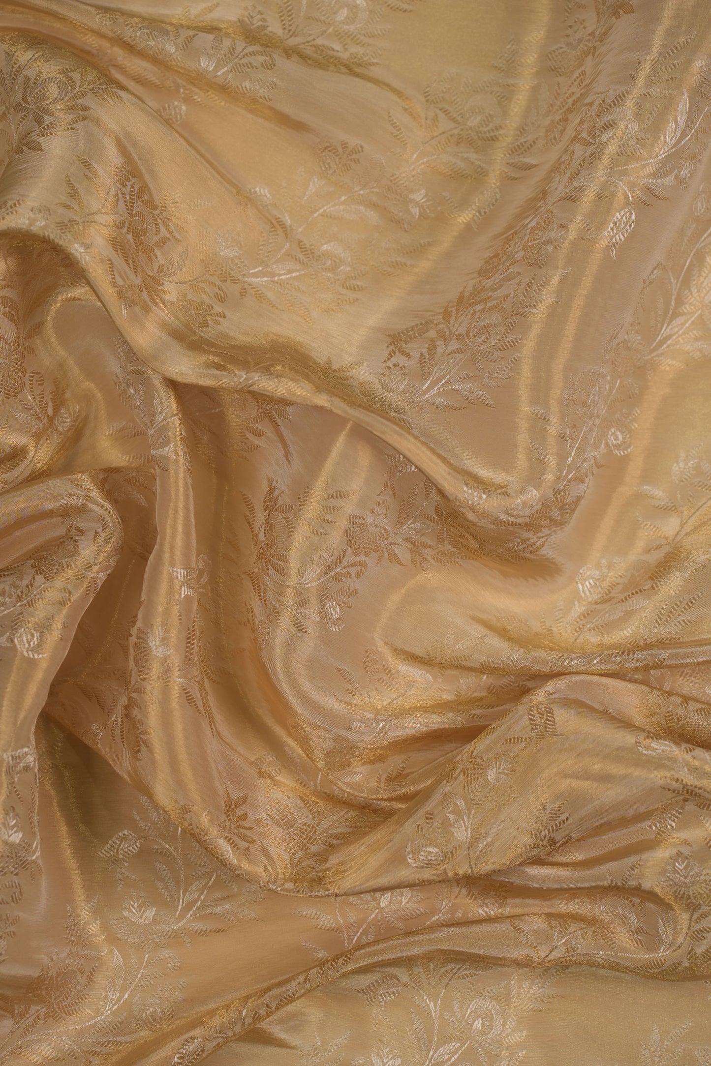 Golden Foil Embellished Pure Tanchoi Silk Fabric