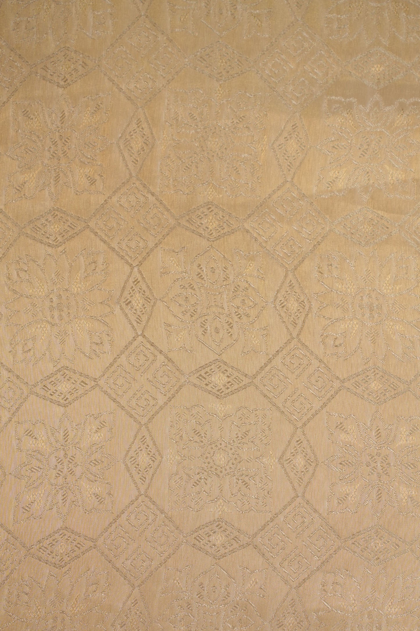 Pure Tanchoi Silk Floral Fabric with Ornate Geometric Design and Lustrous Finish