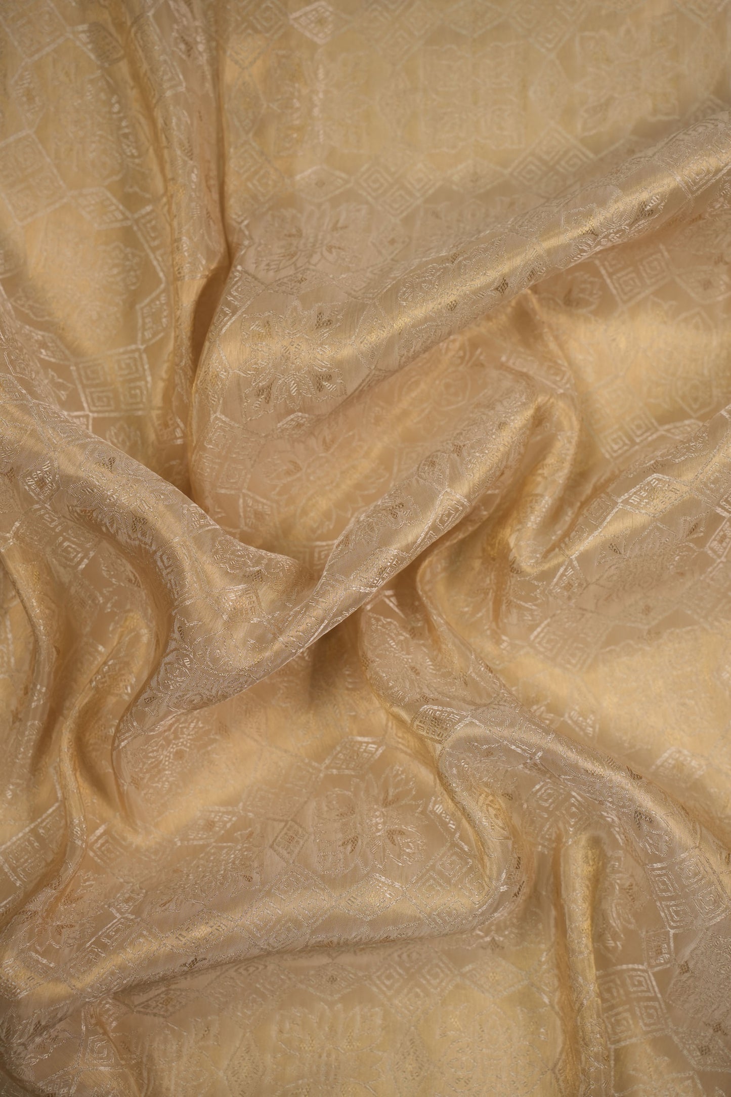 Pure Tanchoi Silk Floral Fabric with Ornate Geometric Design and Lustrous Finish