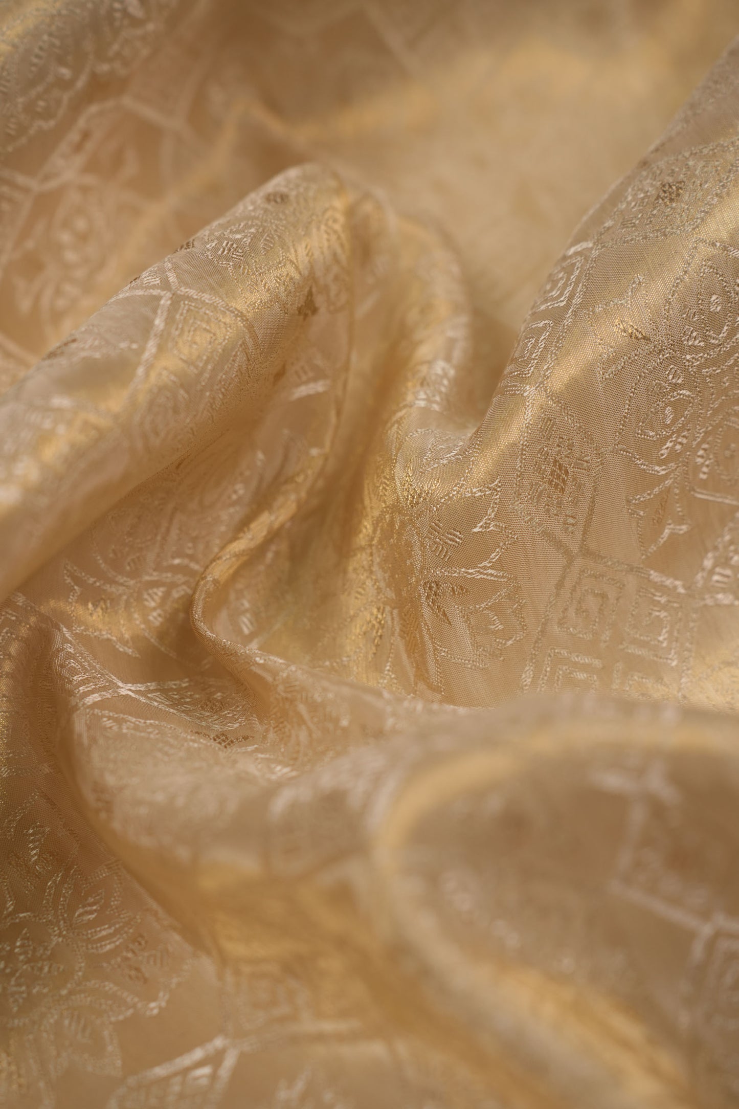 Pure Tanchoi Silk Floral Fabric with Ornate Geometric Design and Lustrous Finish