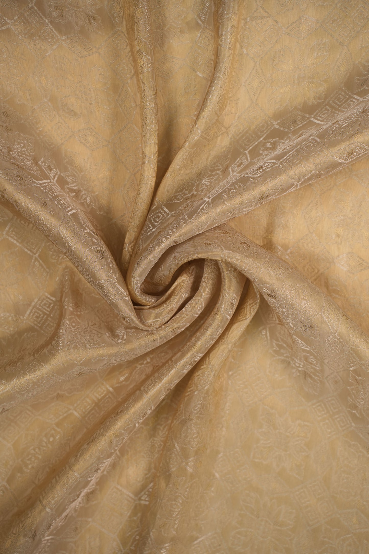 Pure Tanchoi Silk Floral Fabric with Ornate Geometric Design and Lustrous Finish