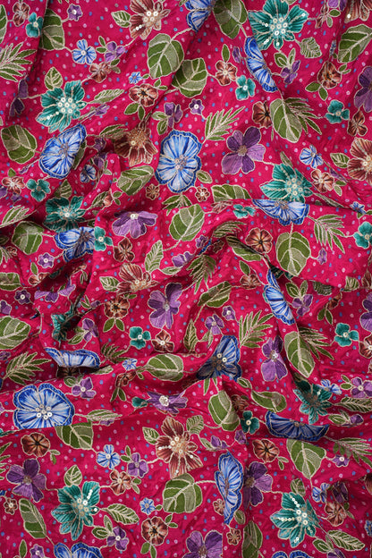 Red Floral Embroidered Crepe Fabric