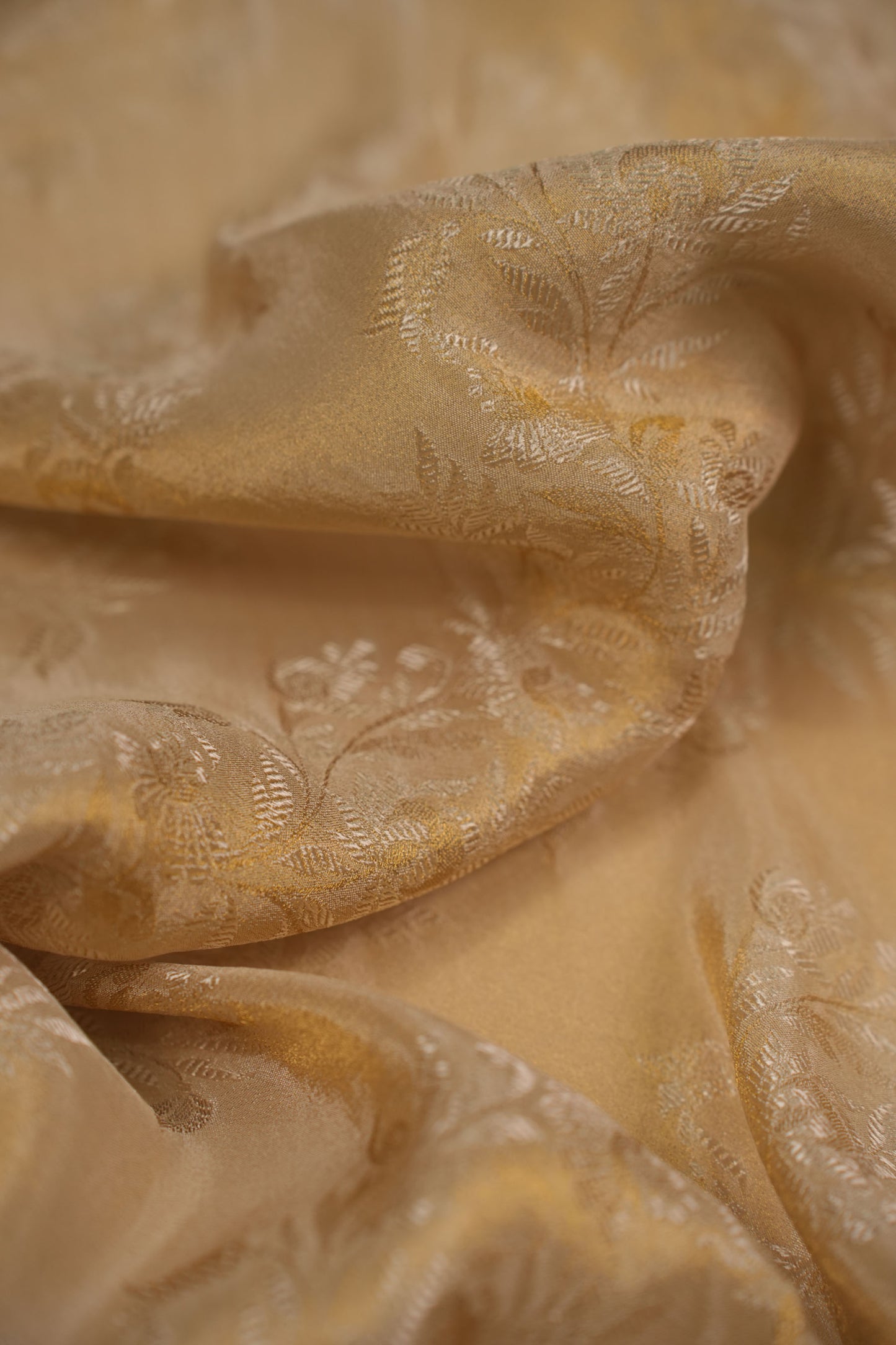 Golden Woven Pure Tanchoi Silk Floral Brocade Fabric