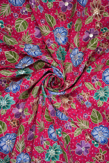 Red Floral Embroidered Crepe Fabric