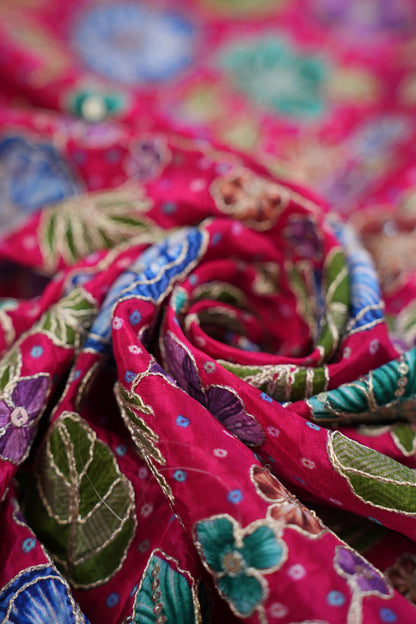 Red Floral Embroidered Crepe Fabric