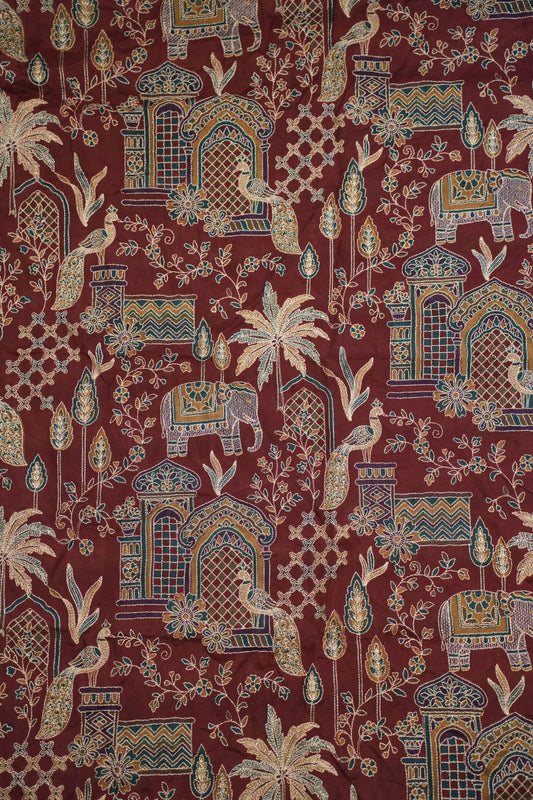 Red Majestic Meadow Viscose Chinon Embroidered Fabric