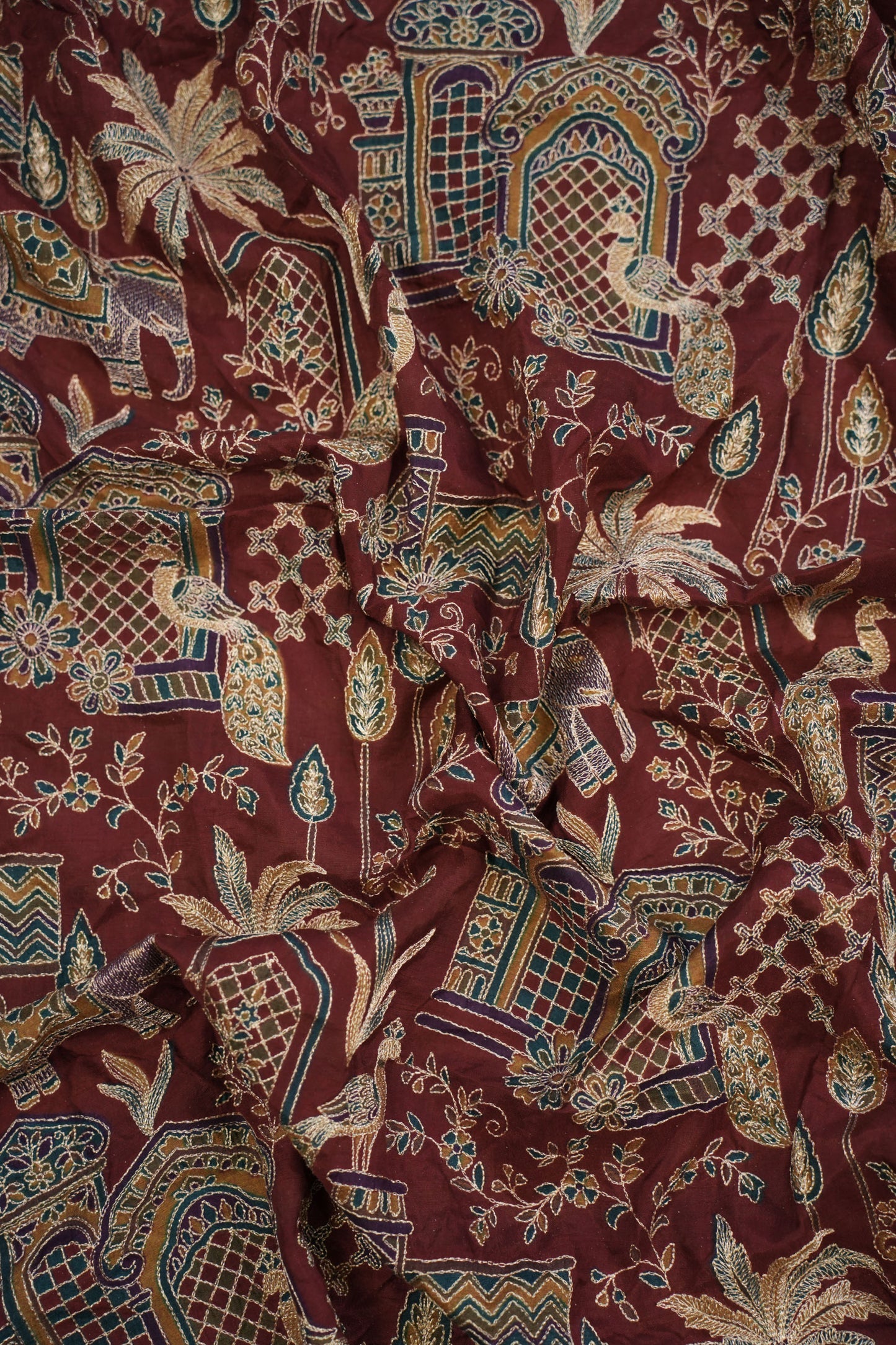 Red Majestic Meadow Viscose Chinon Embroidered Fabric