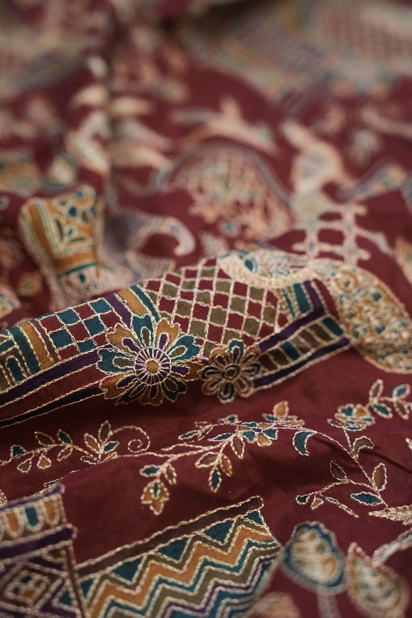 Red Majestic Meadow Viscose Chinon Embroidered Fabric