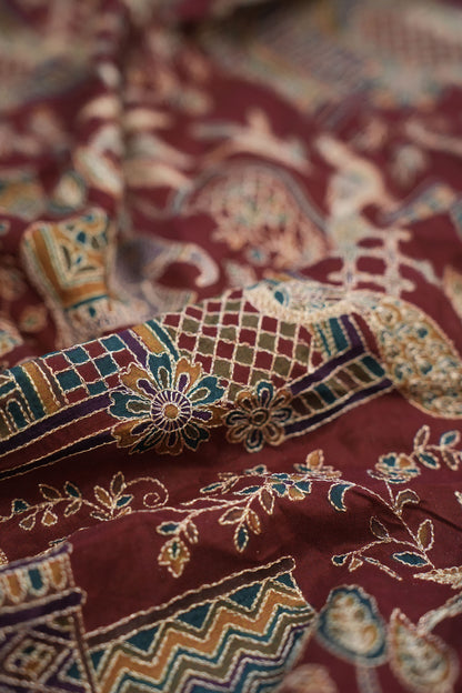 Red Majestic Meadow Viscose Chinon Embroidered Fabric