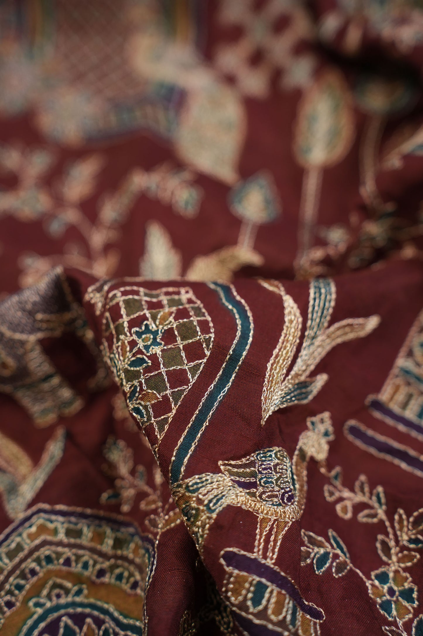 Red Majestic Meadow Viscose Chinon Embroidered Fabric