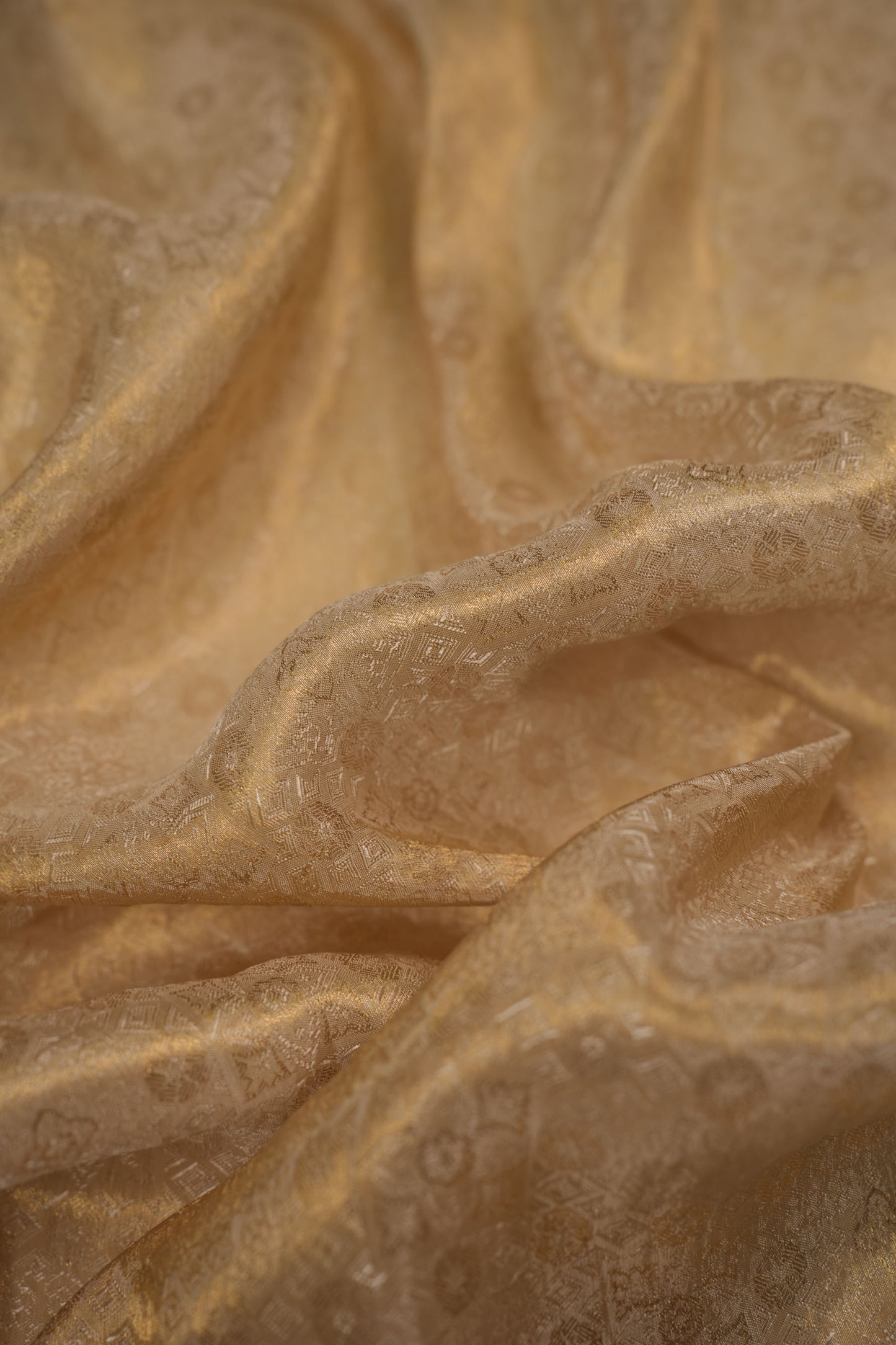 Pure Tanchoi Silk Brocade Fabric with Intricate Golden Floral Patterns