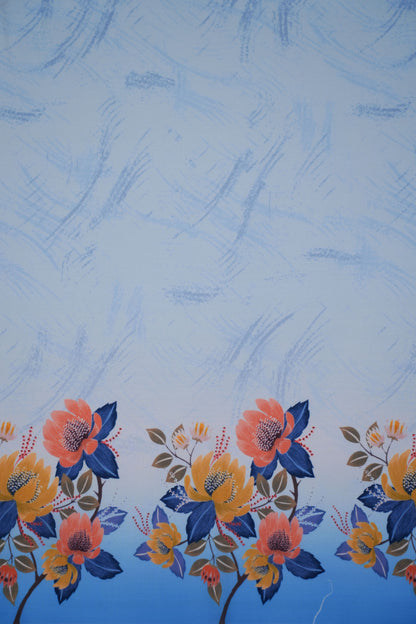 Azure Bloom Blue Linen Floral Printed Fabric
