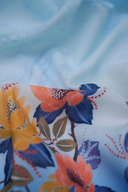 Azure Bloom Blue Linen Floral Printed Fabric