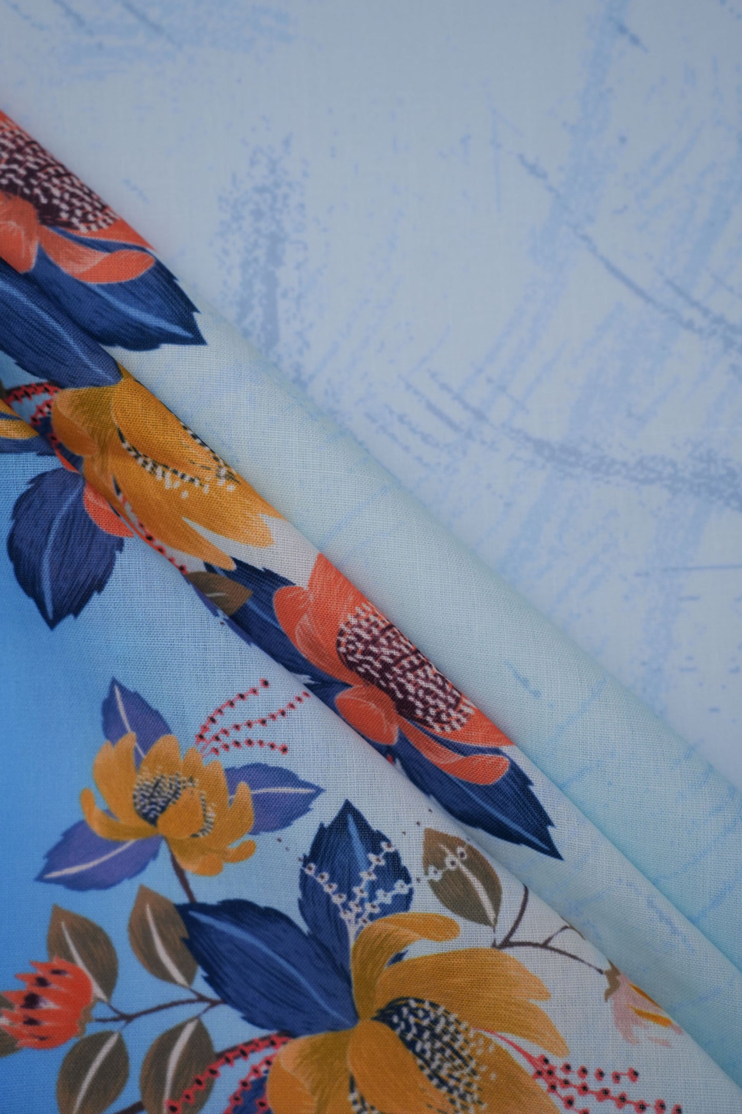 Azure Bloom Blue Linen Floral Printed Fabric