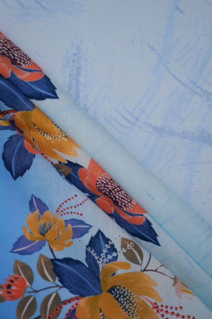 Azure Bloom Blue Linen Floral Printed Fabric