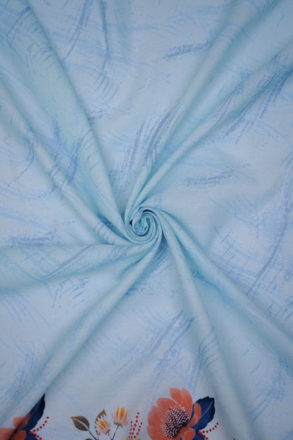 Azure Bloom Blue Linen Floral Printed Fabric