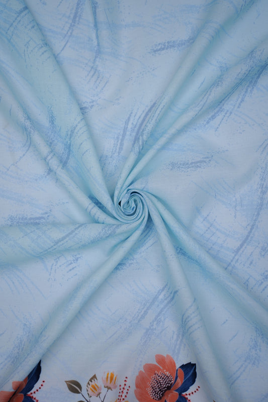 Azure Bloom Blue Linen Floral Printed Fabric