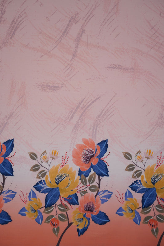 Azure Bloom Orange Linen Floral Printed Fabric