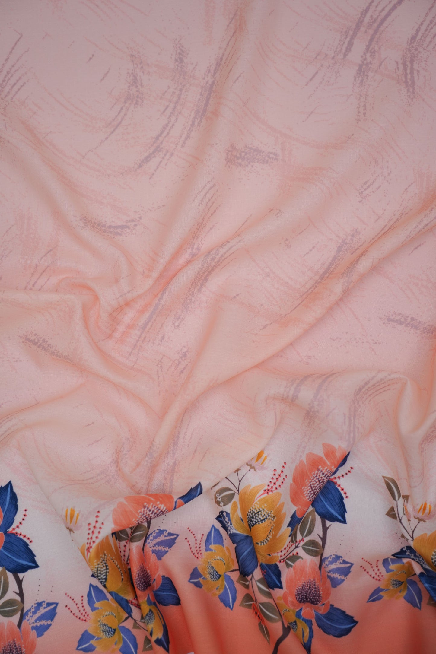 Azure Bloom Orange Linen Floral Printed Fabric