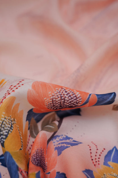 Azure Bloom Orange Linen Floral Printed Fabric