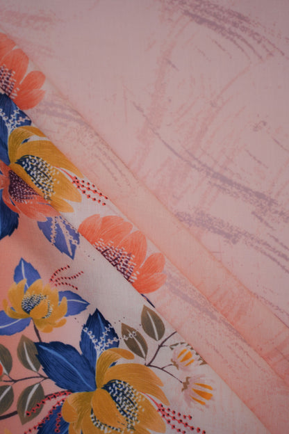 Azure Bloom Orange Linen Floral Printed Fabric