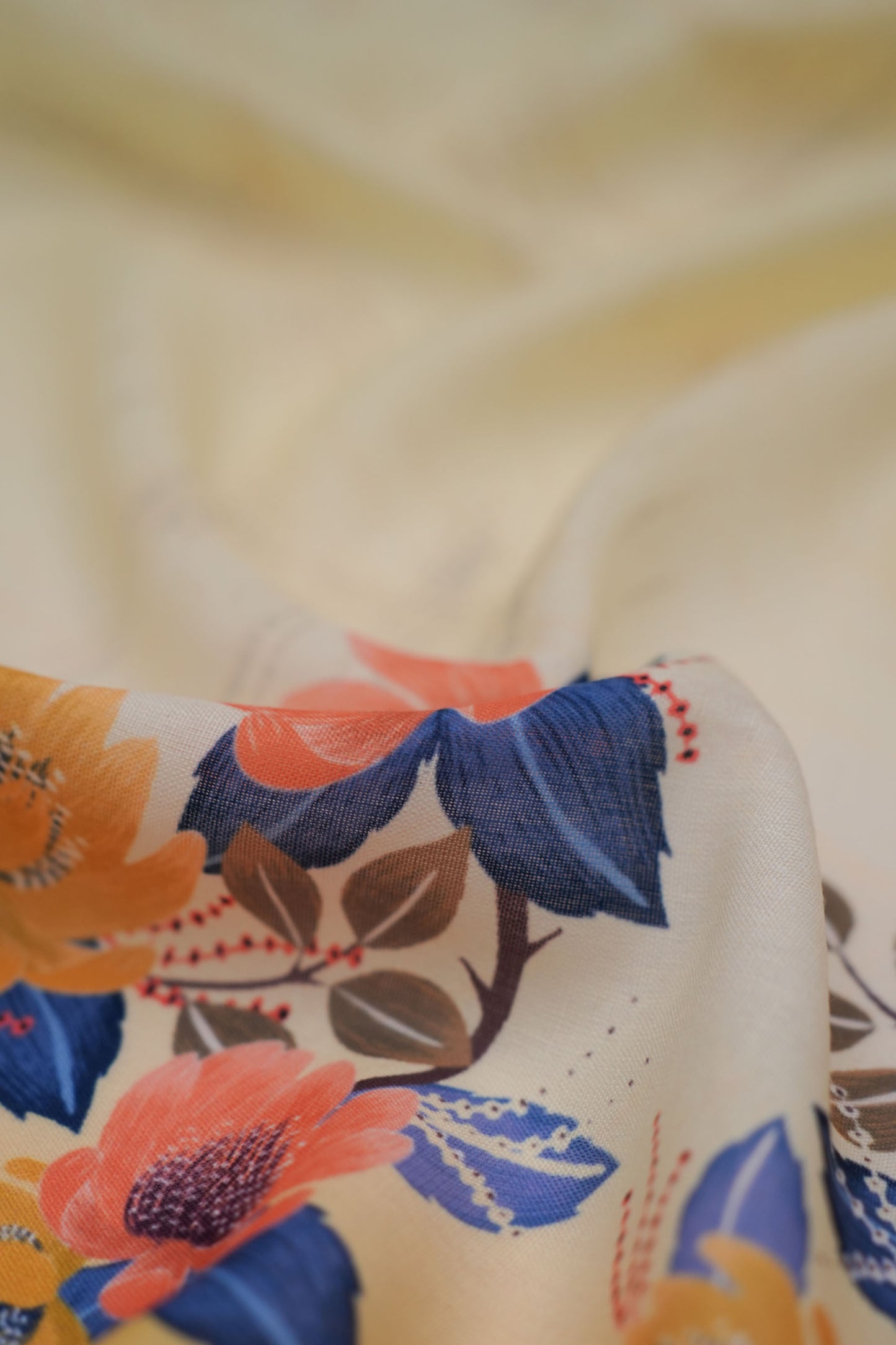 Azure Bloom Yellow Linen Floral Printed Fabric