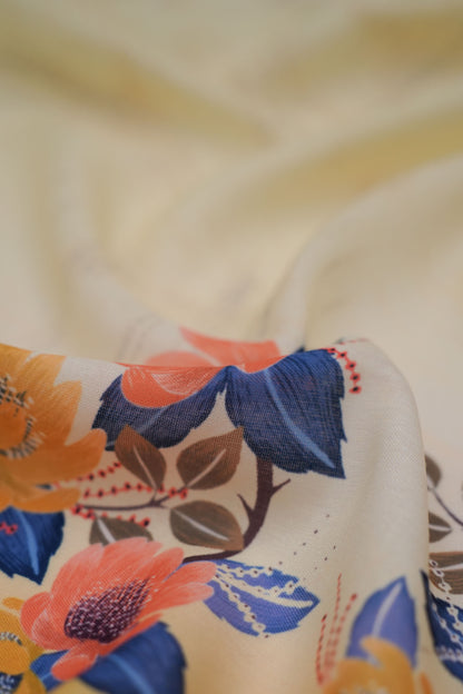 Azure Bloom Yellow Linen Floral Printed Fabric