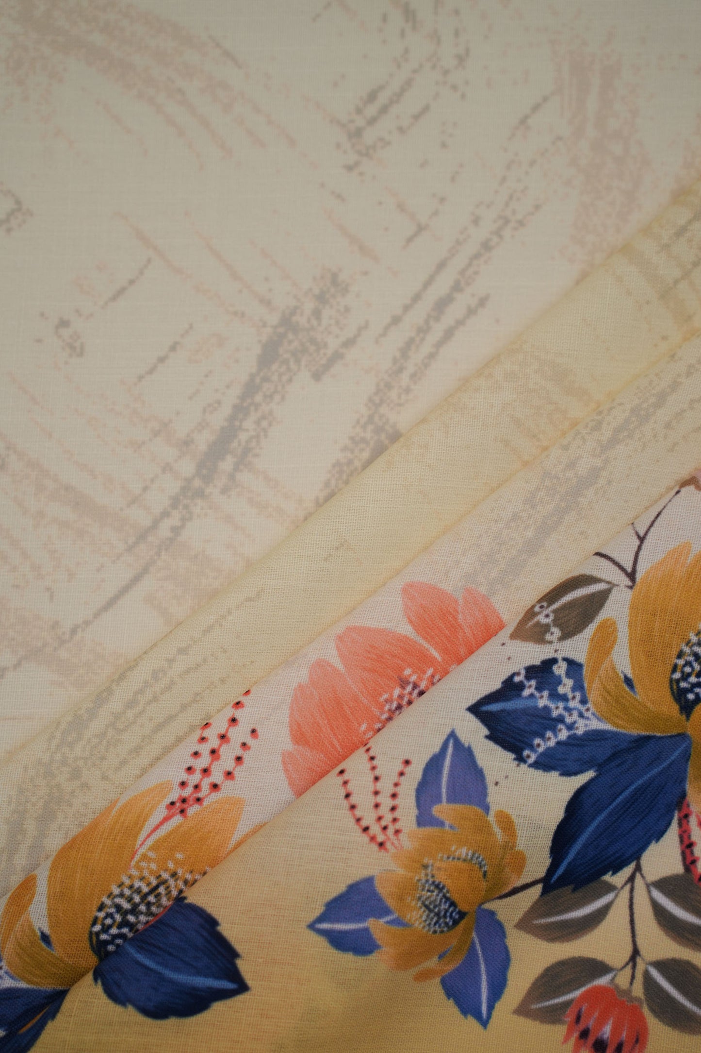 Azure Bloom Yellow Linen Floral Printed Fabric