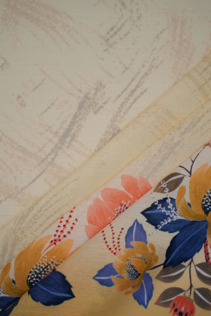 Azure Bloom Yellow Linen Floral Printed Fabric