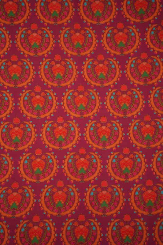 Regal Motif Maroon Linen Printed Fabric