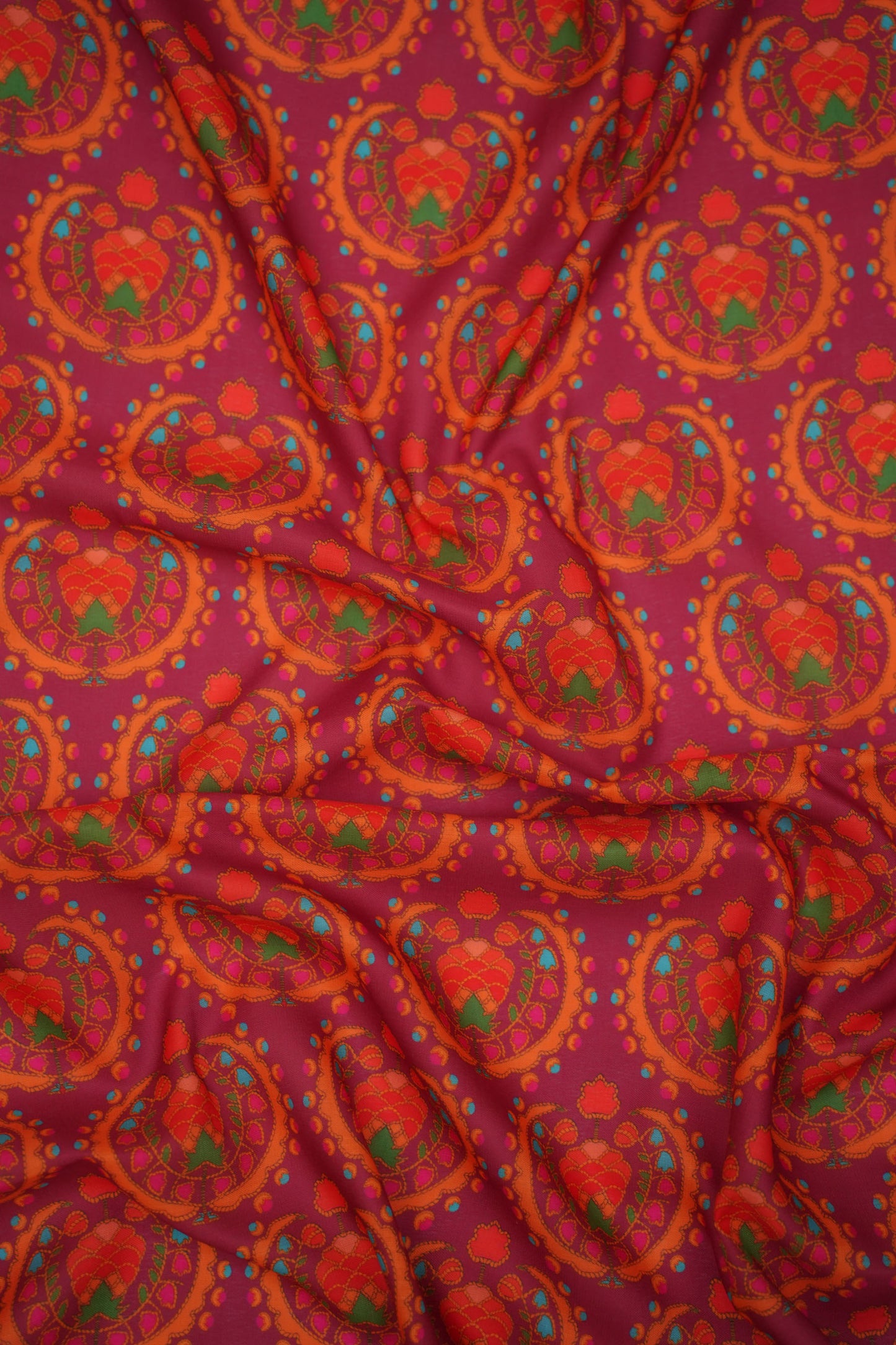 Regal Motif Maroon Linen Printed Fabric