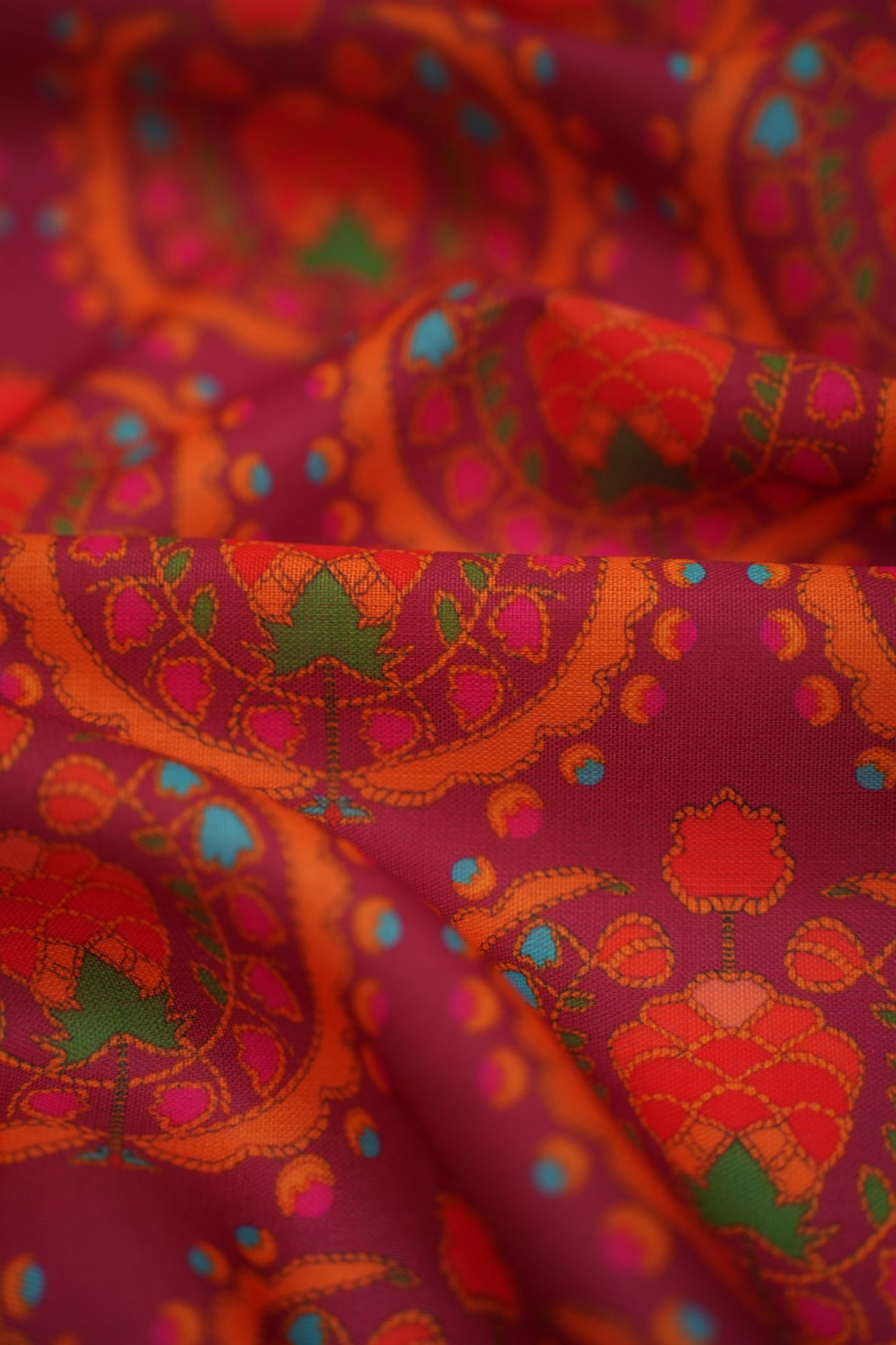 Regal Motif Maroon Linen Printed Fabric