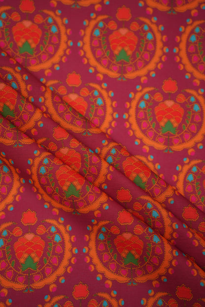 Regal Motif Maroon Linen Printed Fabric