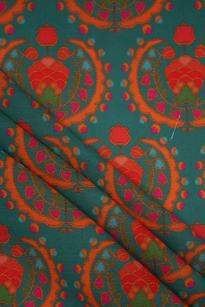 Regal Motif Green Linen Printed Fabric