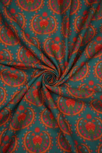 Regal Motif Green Linen Printed Fabric
